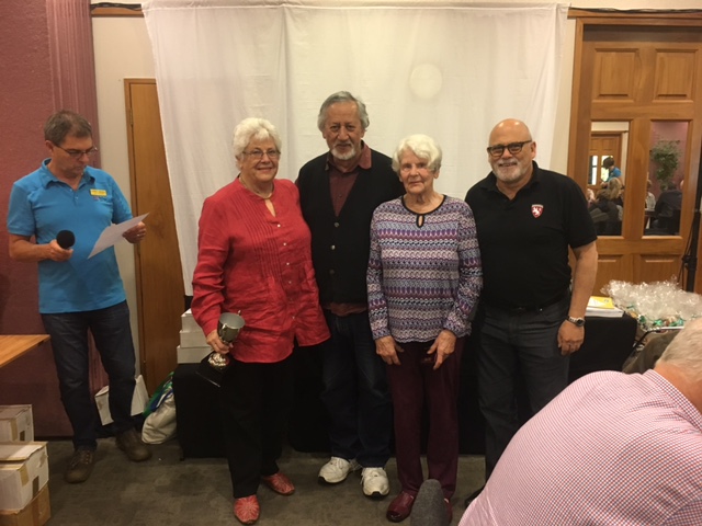 Congress pic: Lesley, Tom Winiata and Sonia receiving the trophy for winning the Senior Teams from Alan Morris (NZ Bridge) and Murray Wiggins (Chief Director) on the left